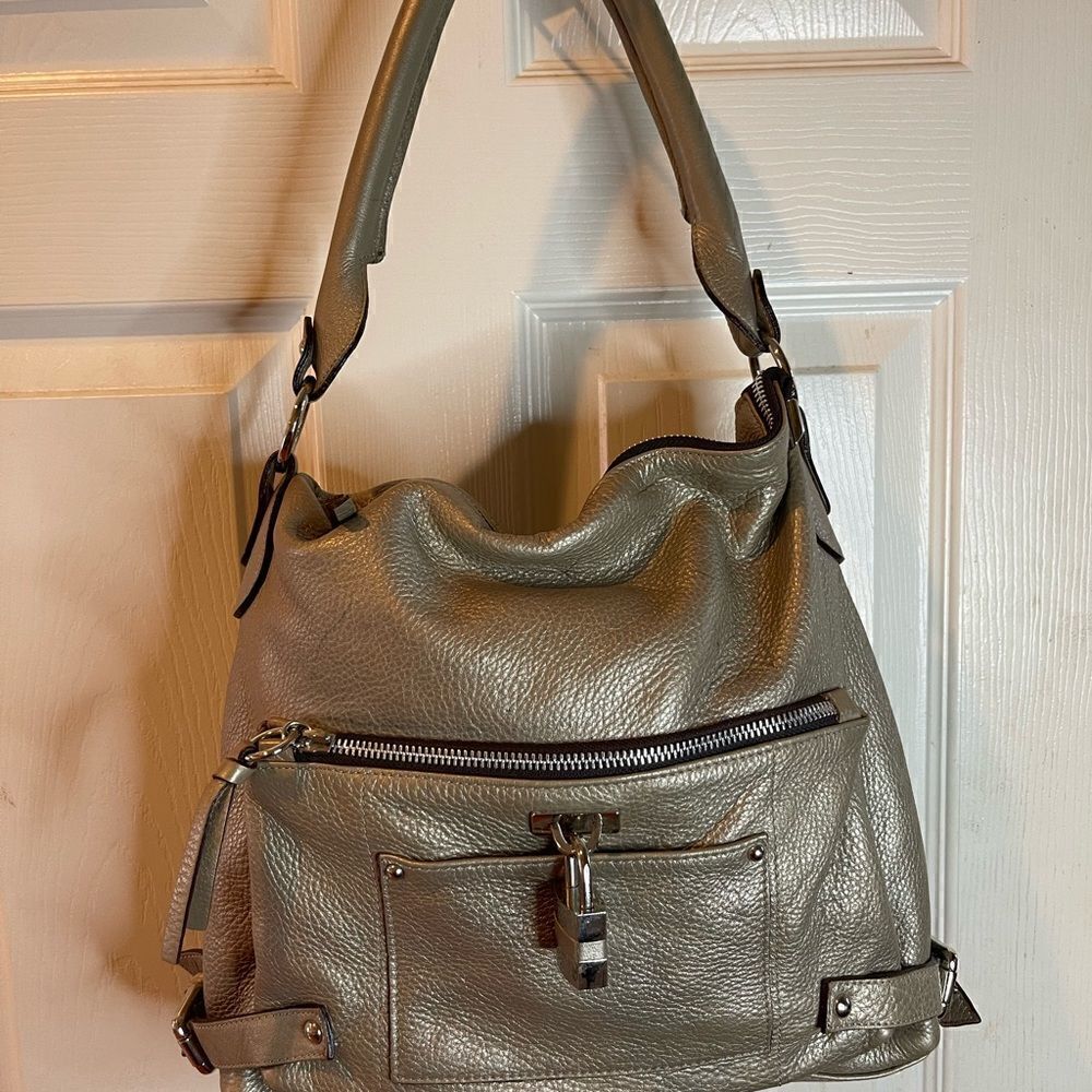 Laura DiMaggio leather metallic rustic silver slouch shoulder bag